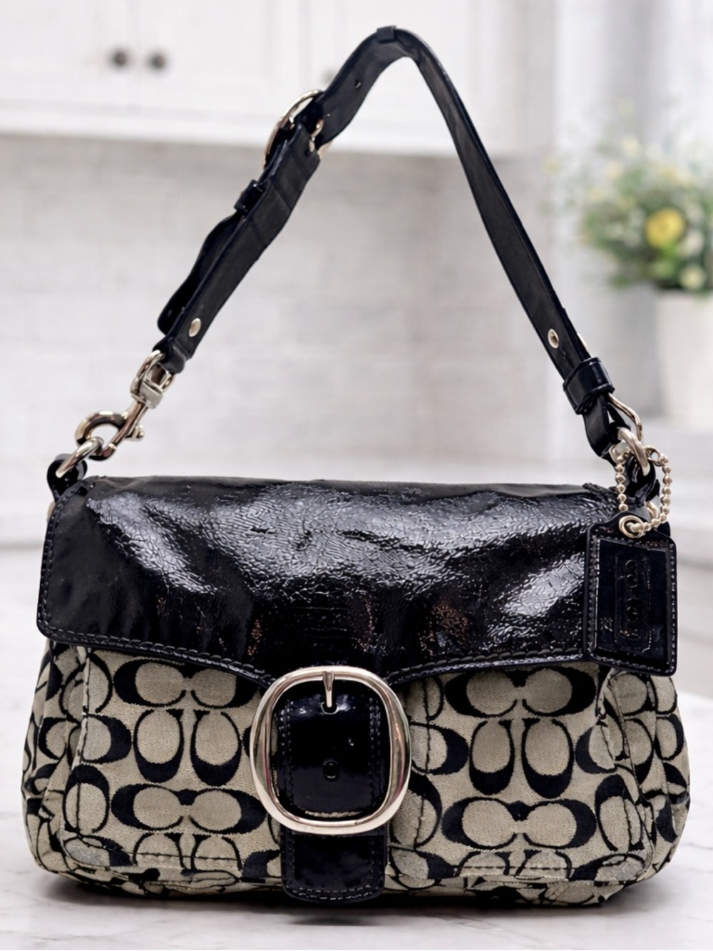 Coach Bleecker 2008 Signature Flap Shoulder Bag 12562 Black Patent Trim, Buckle - Picture 1 of 14
